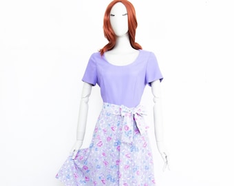 Vintage 80s Lilac Grey Floral Dress Short Sleeves Fit & Flare With Belt Size S UK 8-10