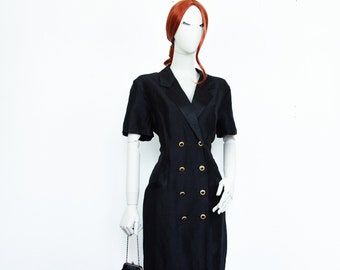 Vintage 80s Black Midi Pencil Linen Blend Satin Cocktail Dress Double Breasted Gold Buttons Size L UK 16