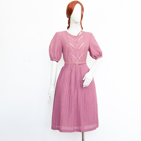 Vintage 80s Dark Pink Midi Pleated Skater Dress Short Puffed Sleeves Belt Size M UK 12-14