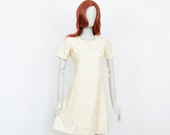 Vintage 60s Cream Midi Floral Embroidered Trapeze Dress Short Sleeves Size M UK 12