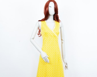 Vintage 60s Yellow White Midi A Line Floral Dress Sleeveless Size M UK 12