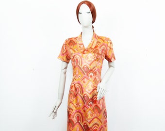Vintage 60s Orange Yellow Midi Trapeze Dress Geometric Print Collared Short Sleeves Size M UK 14