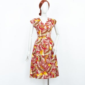 Vintage katoenen swingjurk jaren 60 tropische print met tropische print - rood midi fit & flare, Verenigd Koninkrijk 8
