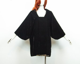 Veste kimono en soie et velours noir vintage des années 60, taille M UK 12-14