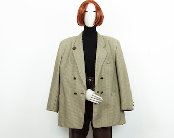 Vintage 80er Beige Braun Hahnentritt Wollmischung Maxi Doppelreiher Blazer Gr.M UK 12-14