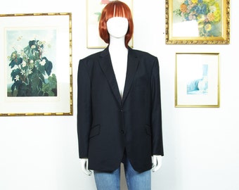 Vintage 1990s Schwarz 100% Wolle Man Blazer Einreiher Tailored Fit Größe XL