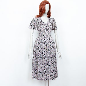 Vintage 70s Black Floral Midi Boho Retro Skater Dress Short Sleeves Size XS UK 6