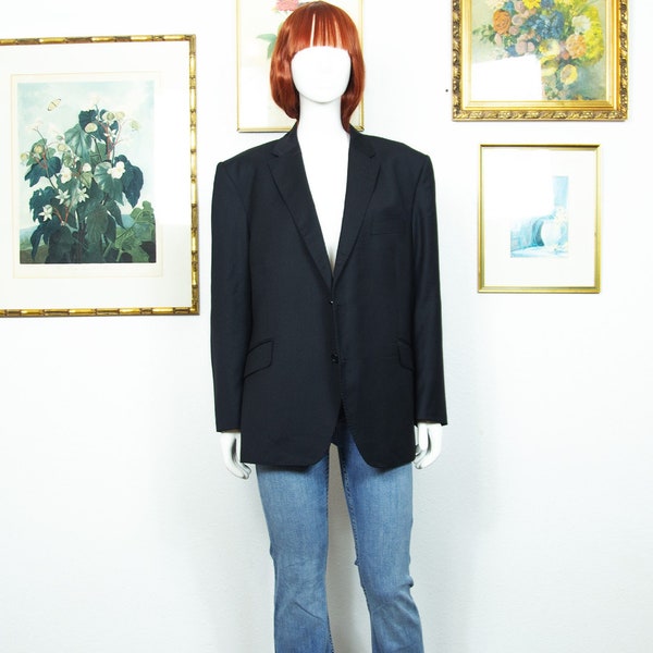 Vintage 1990s Black 100% Wool Man Blazer Single Breasted Tailored Fit Size XL