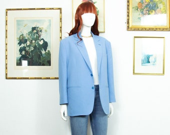 Vintage 1990s Light Blue Wool Blend Oversized Man Blazer Single Breasted Size XL