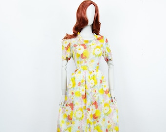 Vintage 60s Floral Midi Cotton Dress Fit & Flare Short Sleeves Size M UK 12