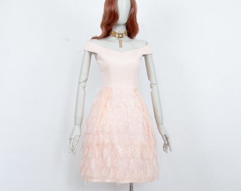 Vintage 90s Pastel Pink Sequin Feathers Ballerina Dress Off The Shoulder Short Sleeves Size S UK 8