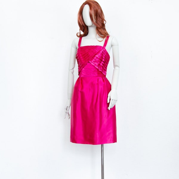 Vintage 60s Fuchsia Pink Satin  Mini Ballgown Dress Spaghetti Straps Pleated Top Off The Shoulder Size S UK 8