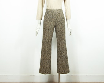 Vintage 1990s Beige Wool Flare Trousers High Elastic Waist Size XS UK 6