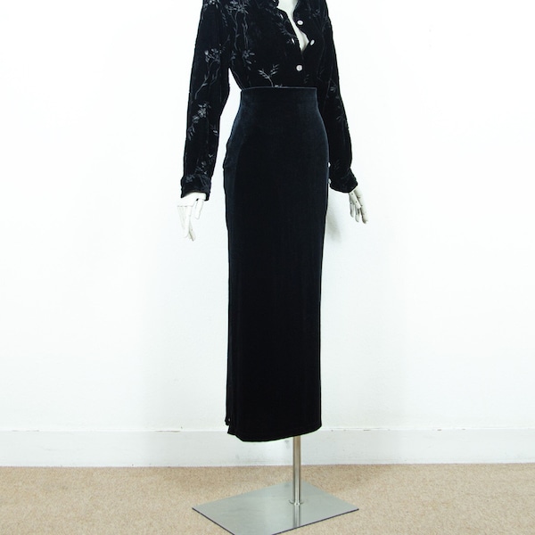 Jupe longue trapèze longue en velours noir vintage des années 1990 fentes latérales taille élastique taille M UK 12
