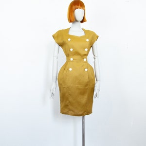 Vintage 80s Ochre Yellow Linen Midi Cocktail Dress Double Breasted Buttons S UK 8