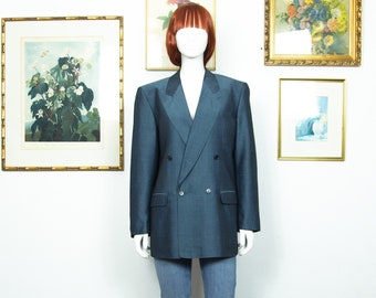 Vintage 1980s Blue Wool Blend Double Breasted Blazer Shoulder Pads Size L