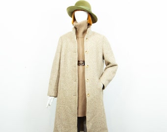 Vintage 90s Beige Wool Maxi Long Coat Band Collar Size S UK 8-10