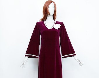 Vintage 70s Burgundy Maxi Long Velvet Boho A Line Dress Slit Bell Long Sleeves White Embroidery Details Size M UK 12-14