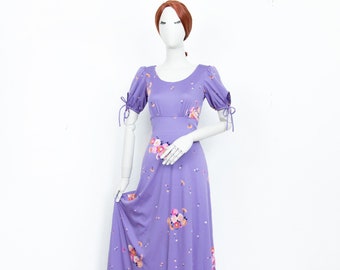 Vintage 70s Light Purple Floral Maxi Long Boho Dress Short Sleeves Size S UK 10