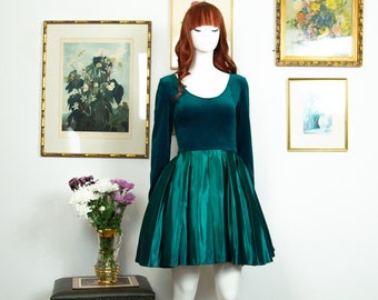 Vintage 1980s Green Ballerina Dress Pleated Satin Skirt Velvet Top Scoop Neck Size S UK 10