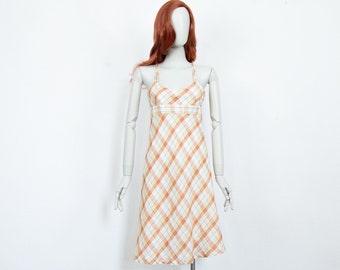 Vintage 90s Orange White Yellow Check Midi A Line Linen Dress Sleeveless Size S UK 8