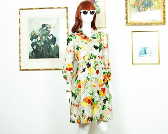 Vintage 1970s Floral Silk Mini Dress Fit & Flare Long Puffed Sleeves Front Buttons Size S UK 10