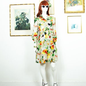 Vintage 1970s Floral Silk Mini Dress Fit & Flare Long Puffed Sleeves Front Buttons Size S UK 10