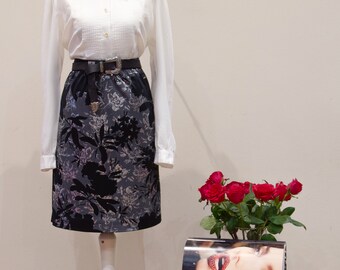 Vintage 90s Grey Black Trapeze Skirt Floral print Midi High Waist Size M UK 12