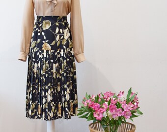 Vintage 80s Black Yellow Pleated Skirt Floral Print High Waist Size S 8-10 26"