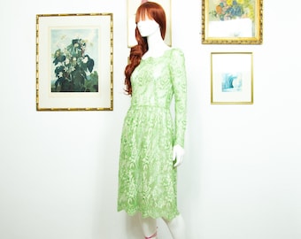 Vintage 1970s Green Lace Dress Fit & Flare Long Sleeves Floral Size M UK 12