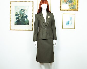 Vintage 1970s Green Wool Blend Skirt Suit Single Breasted Blazer Size M UK 12
