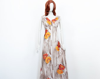 Vintage 70s Brown Orange Floral maxi long A Line Dress Sleeveless Size S UK 10