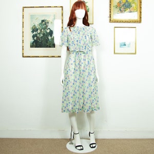 Vintage 1980s Floral Midi Dress Fit & Flare Short Sleeves With Belt Size S UK 8