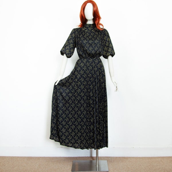 Vintage 80s Black Yellow Maxi Long Boho Dress geometric Print Puffed Sleeves High Neck Size S UK 10