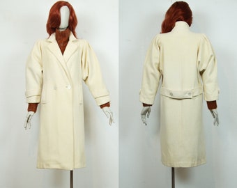 vintage années 80 Crème Laine Mélange Double Breasted Overcoat Puffed Shoulder Taille M UK 12