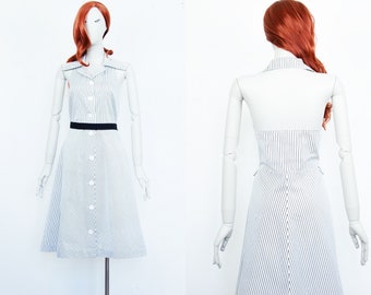 Vintage 70s White Black Stripes Midi Cotton Dress Fit & Flare Sleeveless Collared Size M UK 12