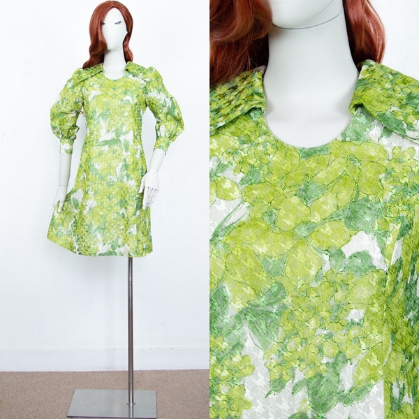 Vintage 70s Green White Floral Mini Trapeze Dress Puffed Sleeves Pointed Collar Size M UK 14