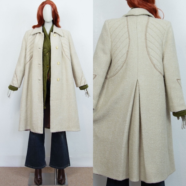 Vintage 80s Off White Wool Maxi Long Trapeze Coat Back Pleat Pointed Collar Size M UK 12-14