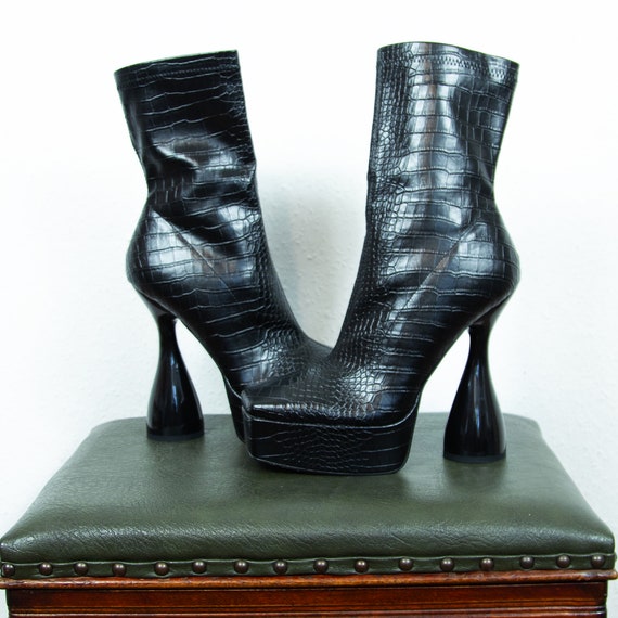 Hans Black Diamante Platform Block Ankle Boots | SIMMI London