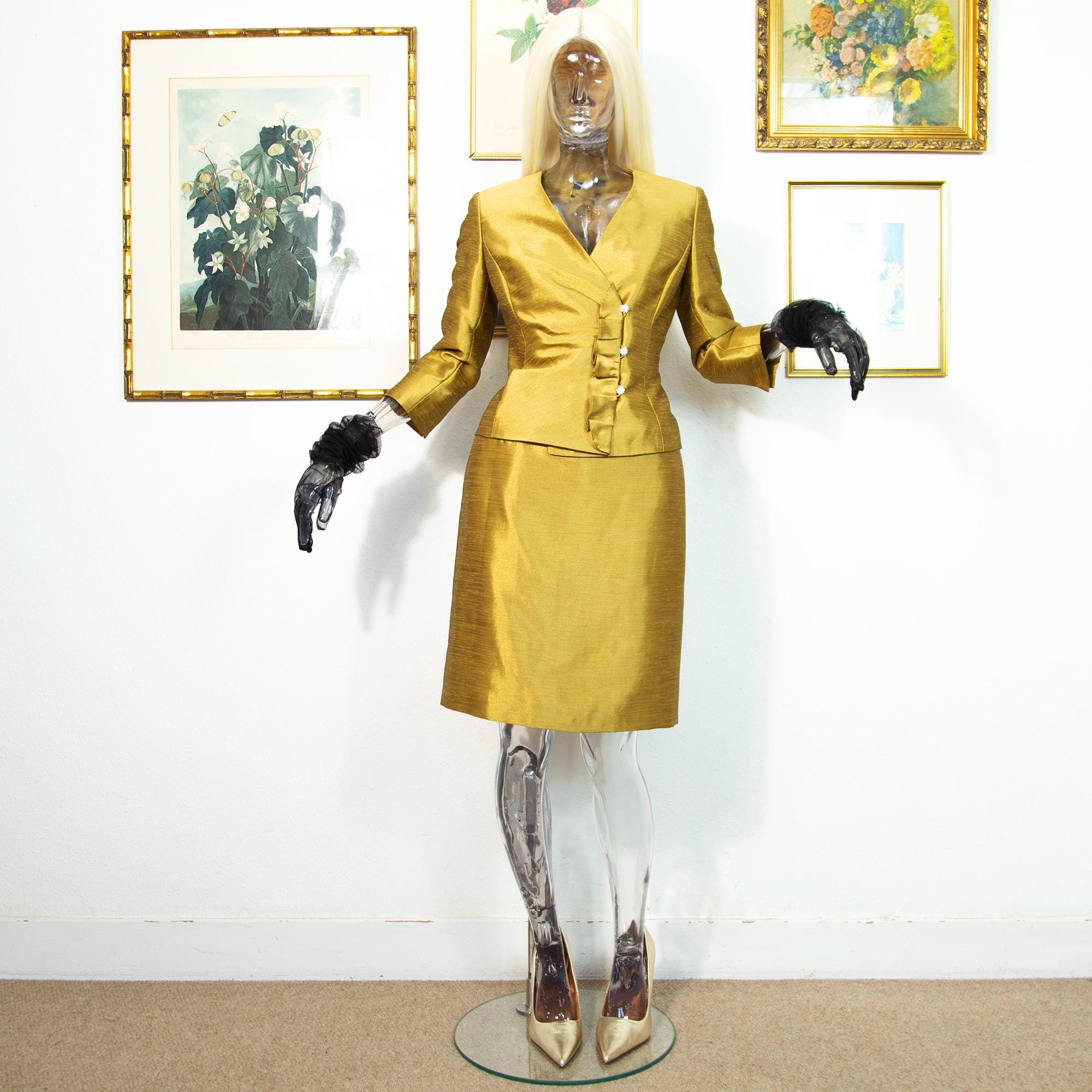 Vintage Gold Skirt Suit 1990s Peplum Jacket & Matching Skirt Two Piece UK 10 Small