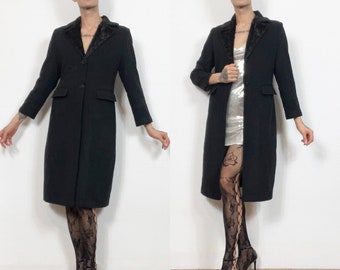 Vintage 90s Black Wool Maxi Long Coat Faux Fur Collar Size S UK 8-10