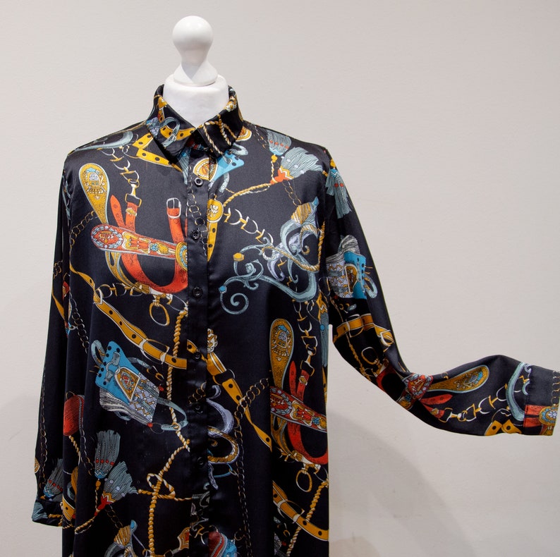 Vintage 80s Baroque Print Black Blouse Oversized Long Button Up Size L