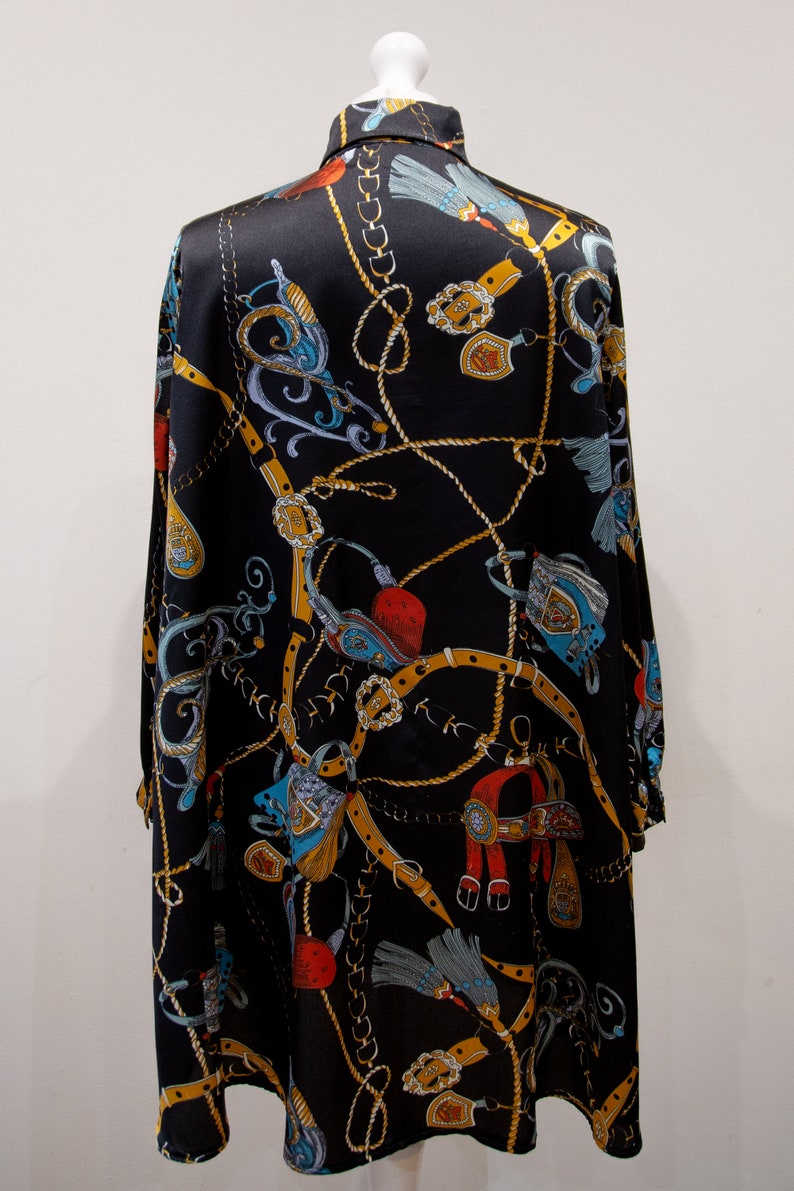 Vintage 80s Baroque Print Black Blouse Oversized Long Button Up Size L