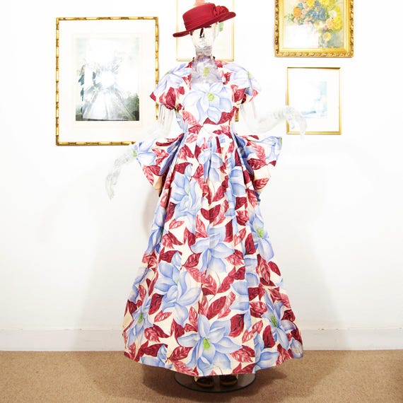 Vintage 1930s Floral Evening Gown: Art Deco Red & Blue Magnolias, Size S UK  8 - Etsy Israel