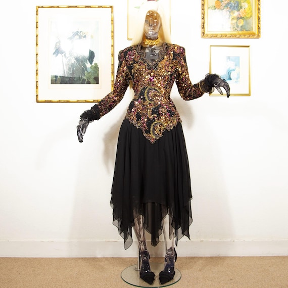 Vintage Oleg Cassini Sequin Silk Dress: 1980s Glam Evening Gown - Main Image