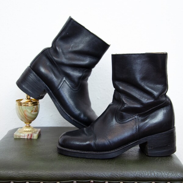 Vintage 90s Black Real Leather Ankle Boots Rounded Toe Size UK 7.5 EU 41