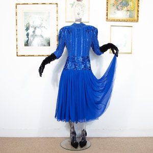 Vintage 1980s Oleg Cassini Blue Beaded Chiffon Dress – Glamorous Evening Gown M