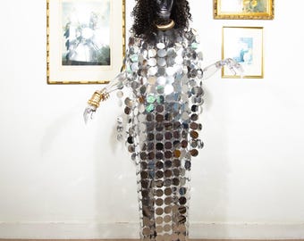 Handmade Mirror Disc Maxi Dress Avant Garde Reflective Gown One of a Kind Fringesd On Shoulders Size M