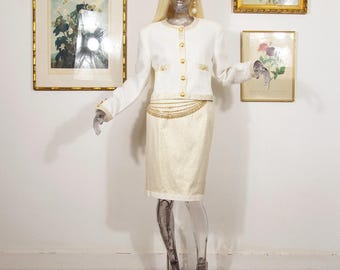 Vintage 1980s Escada Margaretha Ley Linen Skirt Suit White Gold Size M UK 12