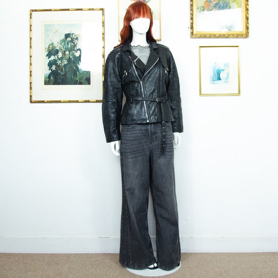 Vintage 1980s Black Real Leather Cinched Jacket W… - image 1